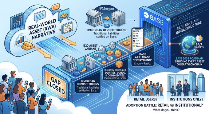 An infographic illustrating the 'REAL-WORLD ASSET (RWA) NARRATIVE' showing JPMorgan deposit tokens on Base, B20 asset variant, and the 'GAP CLOSED' between traditional and crypto finance, addressing the 2026 adoption battle between retail users and institutions.