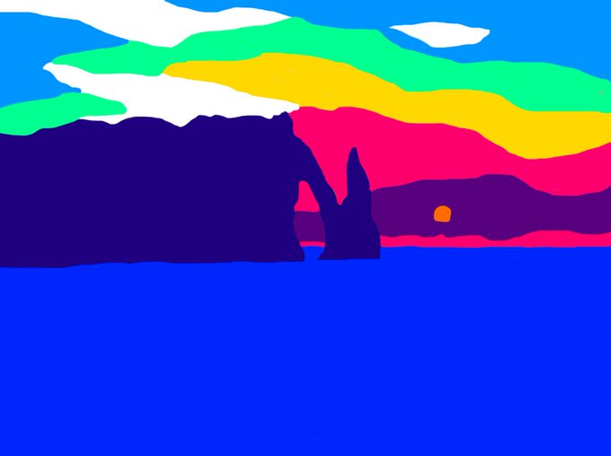 A brightly colored digital painting featuring a blue sea, dark purple rock formations, a red and yellow sunset sky with green clouds, and a small orange sun.