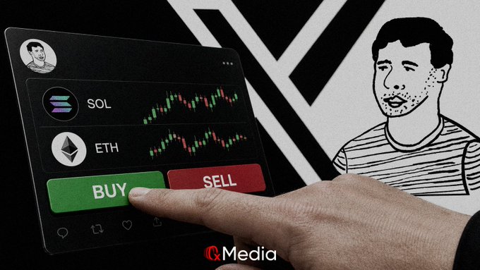 An illustration depicts a person pressing a green 'BUY' button on a trading interface showing price charts for SOL and ETH, with an IQ Media watermark and a portrait of Mark Zuckerberg in the background.