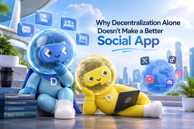 Two cute cartoon astronauts (one blue, one yellow) wearing VR-style helmets with "D" logos sit on a rooftop, one leaning against a stack of books labeled "PEOPLE," "COMMUNITIES," "EXPERIENCE," and "REAL VALUE," while the other uses a laptop displaying social media icons (X, TikTok, YouTube, Instagram, Discord) around a globe, with the title "Why Decentralization Alone Doesn't Make a Better Social App."

The image visually reinforces the post's message by depicting decentralization (the "D" astronauts) as merely the foundation, surrounded by social platforms and grounded by books representing the essential human elements—people, communities, experience, and real value—that must be built on top of that infrastructure to create a successful social app.