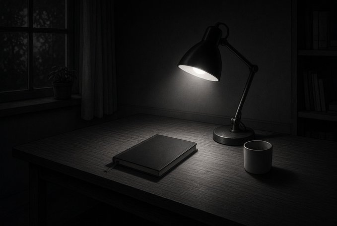 A black and white photo of a dimly lit wooden desk illuminated by a single lamp, featuring a closed book and a mug.