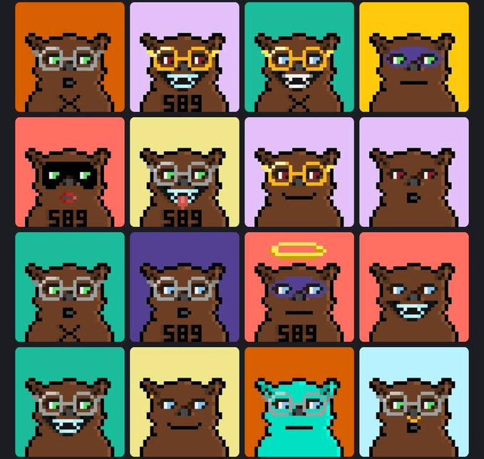 The image features a collection of twelve cartoon bear faces, each wearing glasses and different colored outfits. The bears are arranged in two rows with six bears in each row. Each bear has a unique appearance, showcasing various styles and colors. The bears are positioned at different angles within the frame, creating an interesting visual effect that draws attention to their individual features. The post includes text that reads "Hello Lady @bearXRPL Better for you to front run $BEAR then wait to do what your told This is your golden opertunity $BEAR".