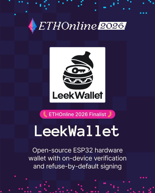 ETHOnline 2026 Finalist announcement card for LeekWallet, described as an 'Open-source ESP32 hardware wallet with on-device verification and refuse-by-default signing'.