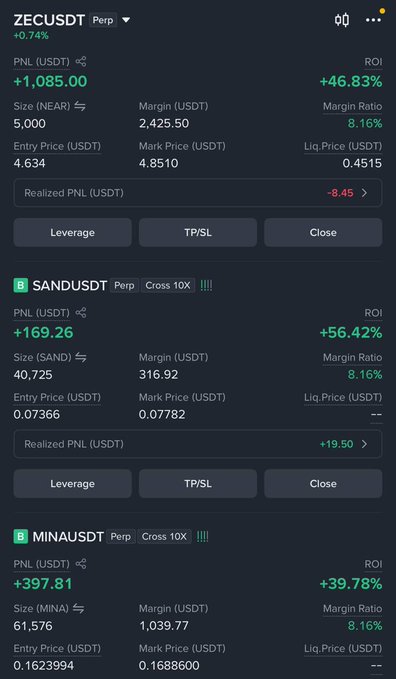 A cryptocurrency trading screen showing perpetual positions for ZEC, SAND, and MINA tokens against USDT, all with an 8.16% margin ratio and green PNL (profits).