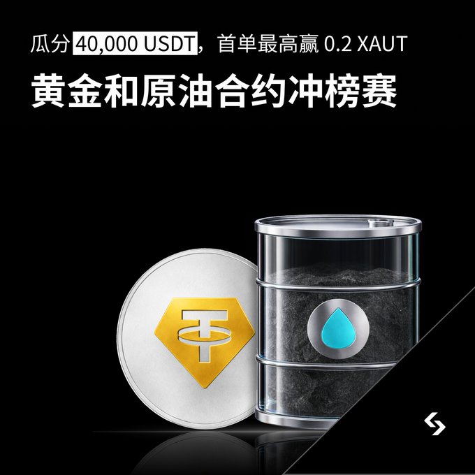 The image features a gold coin with a silver cap and a barrel of crude oil against a black background. The text at the top of the image reads "40,000 USDT." Below this, there are two lines of Chinese characters that say "Gold and Crude Oil Contract Ranking Competition is here! Share a 40,000 U Prize Pool!" This suggests that the gold coin and crude oil barrel could be part of an auction or competition where participants can win up to 0.2 US dollars in exchange for their gold coins and crude oil barrels.