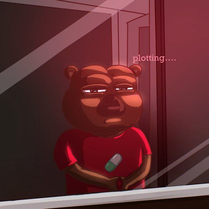 An animated brown bear character wearing a red shirt, looking unimpressed in a dim red-lit room with the text 'plotting...' appearing next to it.