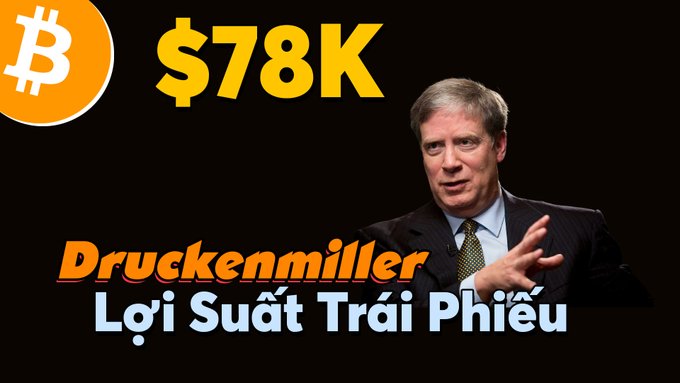 A thumbnail graphic featuring Bitcoin at '$78K' and Stanley Druckenmiller, with text reading 'Druckenmiller Lợi Suất Trái Phiếu' (Vietnamese for 'Bond Yields').