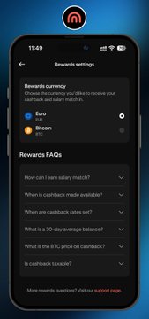 A mobile app screenshot showing "Rewards currency" settings with Euro selected, and a "Rewards FAQs" section listing questions about salary match, cashback availability, 30-day average balance, and BTC price.