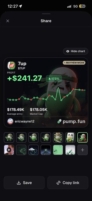 A screenshot of a Pump.fun trading chart showing a "7up" meme coin with a profit of +$241.27 and a 173% increase.