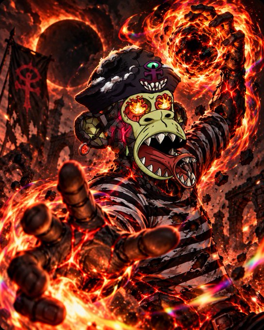 An intense anime-style illustration of a monstrous character with a pirate hat, glowing yellow eyes, and sharp teeth, surrounded by flames and holding out a hand.