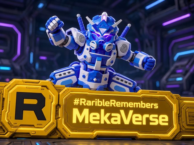 A blue-and-white armored robot mascot poses behind a gold sci-fi banner marked “R” and “#RaribleRemembers Mekaverse.” The graphic commemorates MekaVerse’s October 2021 NFT launch and reveal, when its 170,000-wallet raffle and 0.2 ETH mint drew attention to rare unrevealed Meka purchases.