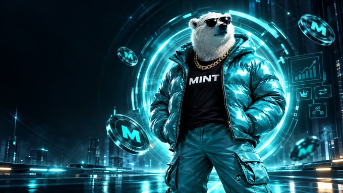 A cool polar bear wearing sunglasses, a gold chain, and a shiny teal puffer jacket stands in a futuristic cityscape, sporting a black shirt with "MINT" text on it and surrounded by floating coins bearing the "M" logo. The image visually represents the "MintABear" NFT project by @PlayOnMint, with the "MINT" branding tying the stylish character to the ecosystem's ecosystem-focused collectibles.
