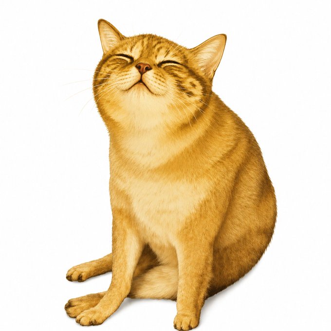 A golden-orange tabby cat sitting upright on a white background with its eyes closed in a content, smiling expression.