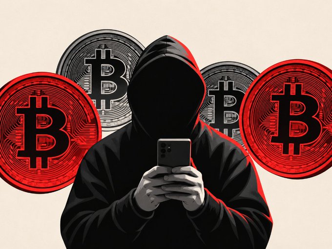 Illustration of a hooded figure in black holding a smartphone, surrounded by large red and silver Bitcoin coins against a cream background, representing cryptocurrency activity.