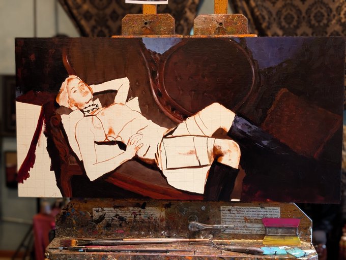A partially completed oil painting on an easel depicts a reclining woman lounging on an ornate chaise lounge, surrounded by art supplies and paint tubes below the canvas. The image aligns with the post's themes of freedom and lifestyle—portraying leisure and autonomy as the ultimate reward of the Bitcoin life being championed.