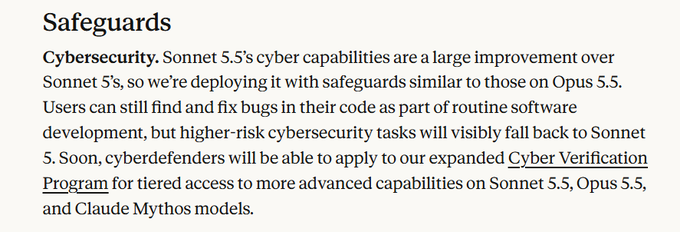 A text excerpt titled 'Safeguards' discusses Anthropic's cybersecurity improvements for Sonnet 5.5 over Sonnet 5, mentioning safer deployment and an upcoming 'Cyber Verification Program' for cyberdefenders.