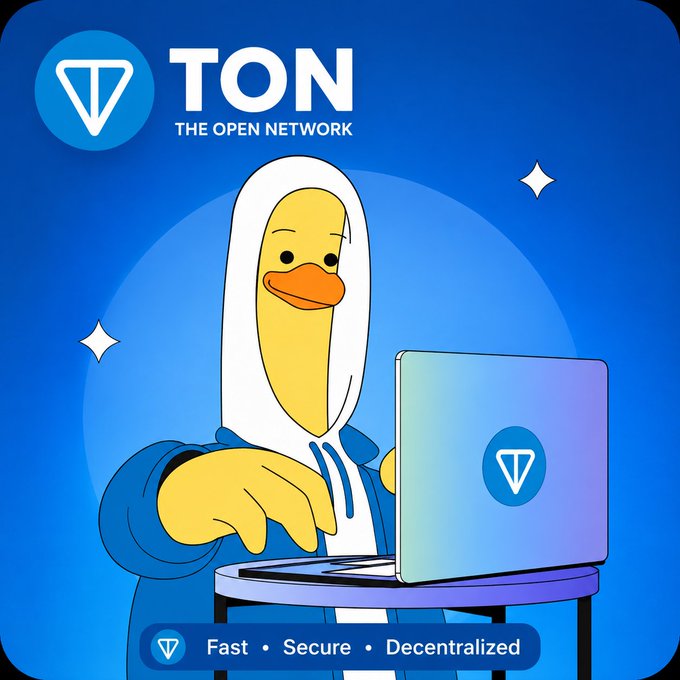The image features a cartoon duck sitting at a table with a laptop computer, wearing a hoodie or jacket that appears to be white. The background of the image is blue, which complements the color scheme of the cartoon duck's outfit. The text "TON" and "THE OPEN NETWORK" are prominently displayed in the image, indicating the title of the post.