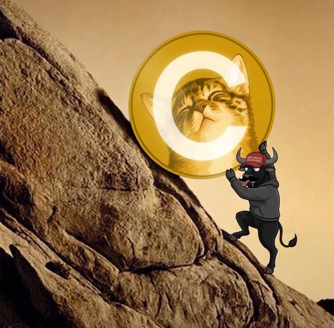 An artistic illustration showing a cat inside a glowing circular 'C' logo (resembling the copyright symbol) with a cartoon devil figure wearing a 'Make Crypto Great Again' hat pushing the circle up a rocky hill.