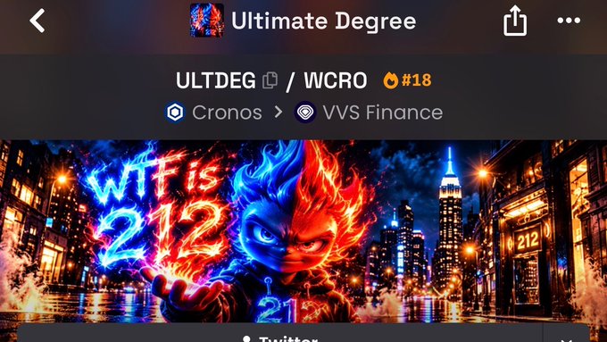 A crypto project page titled 'Ultimate Degree' showing the ticker ULTDEG/WCRO ranked #18, with VVS Finance branding and artwork asking 'WTF is 21x'.