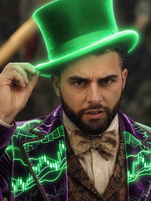 A bearded man in a purple jacket with glowing green chart patterns tips a glowing green top hat at the viewer.