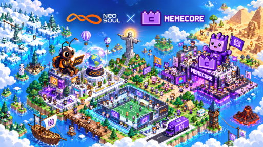 A colorful, pixel-art style promotional image features a bee character, various buildings, and logos for "NGO SOUL" and "MEMECORE".