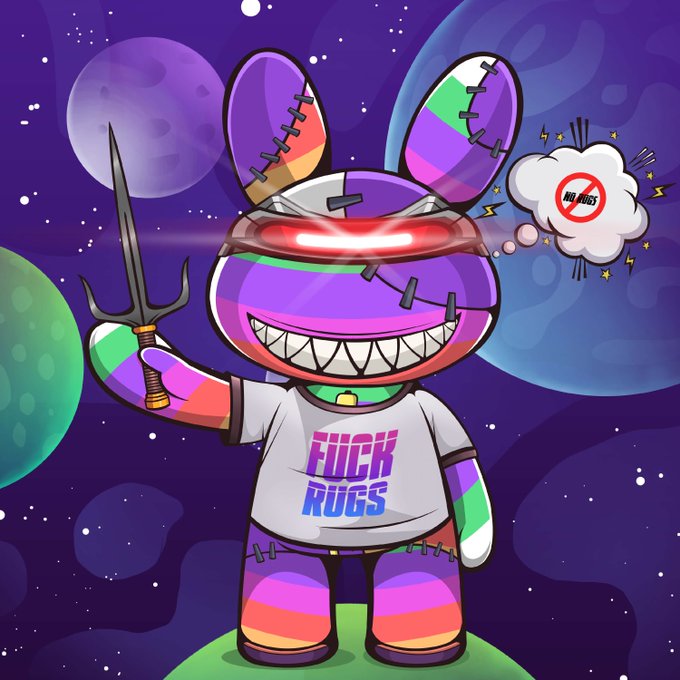 A cartoon character with stitched-together colorful body parts, sharp teeth, and a red glowing visor wears a 'FUCK RUGS' t-shirt and holds a trident in space.