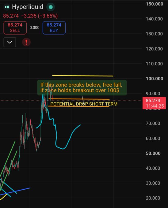The image shows a Hyperliquid ($HYPE/USDT) price chart currently trading at $85.274 (-3.65%), with annotated horizontal resistance zones around $100 and support near $83, displaying the thesis text "If this zone breaks below, free fall, if zone holds breakout over 100$" and "POTENTIAL DROP SHORT TERM"—reflecting the post's view of consolidation around the $83 zone before a potential breakout or short-term decline.