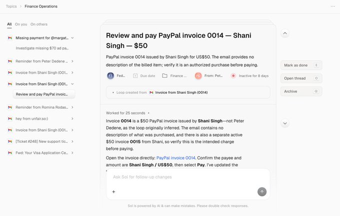 An AI-powered email inbox interface displaying a message titled 'Review and pay PayPal invoice 0014 — Shani Singh — $50', with a detailed AI-generated response analyzing the invoice from Finance Operations.