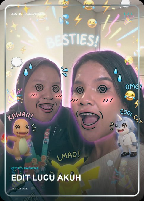 An AR filter photo of two women labeled 'BESTIES!' with 'AIA 1ST ANNIVERSARY' text and playful stickers like 'KAWAII!', 'LMAO!', and 'COOL CAT', along with 'EDIT LUCU AKUH' at the bottom.