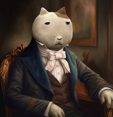 A digital painting of a cat with a white face and brown ears, dressed in a 19th-century style dark blue coat and white cravat, sitting in an ornate chair.