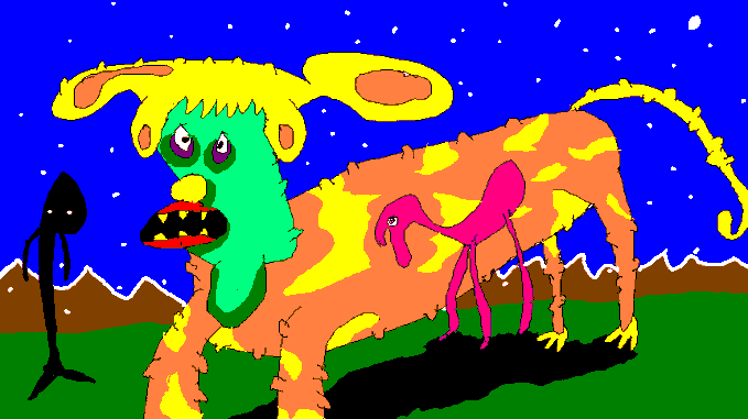 A colorful digital drawing of a fantastical yellow and green creature with multiple ears and eyes, standing in a grassy field under a starry night sky.