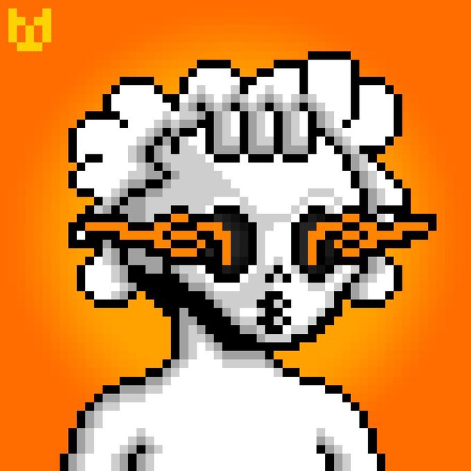 A pixel-art portrait of a white-haired figure with orange "BB" lettered on its forehead and a barbell piercing through its head against an orange background, with a small yellow "bd" logo in the top-left corner—matching the post's theme of the artwork titled "Barbs" that was inscribed on the Bitcoin Ordinals blockchain by NOXtoshi.