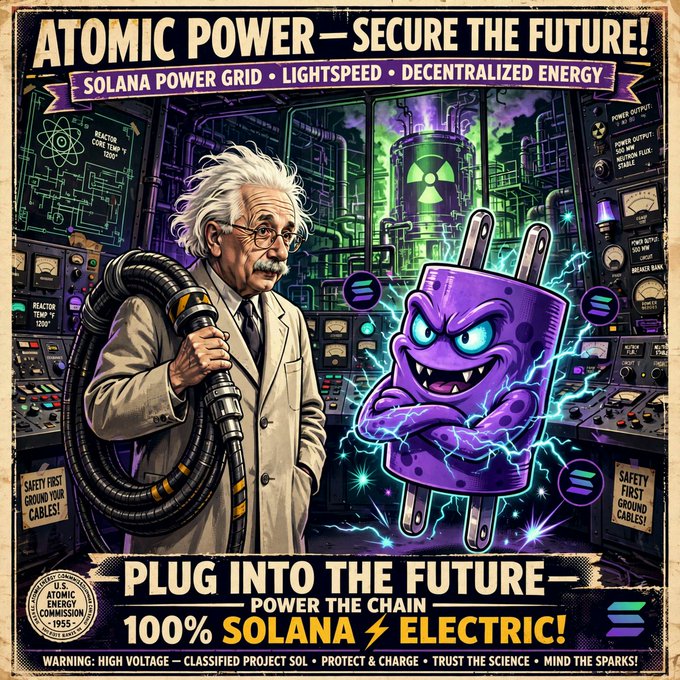 A stylized retro propaganda-style poster titled 'ATOMIC POWER — SECURE THE FUTURE!' featuring Albert Einstein alongside a menacing purple electrical plug character, promoting '100% SOLANA ELECTRIC' with text mentioning 'Solana Power Grid,' 'Lightspeed,' and 'Decentralized Energy.'