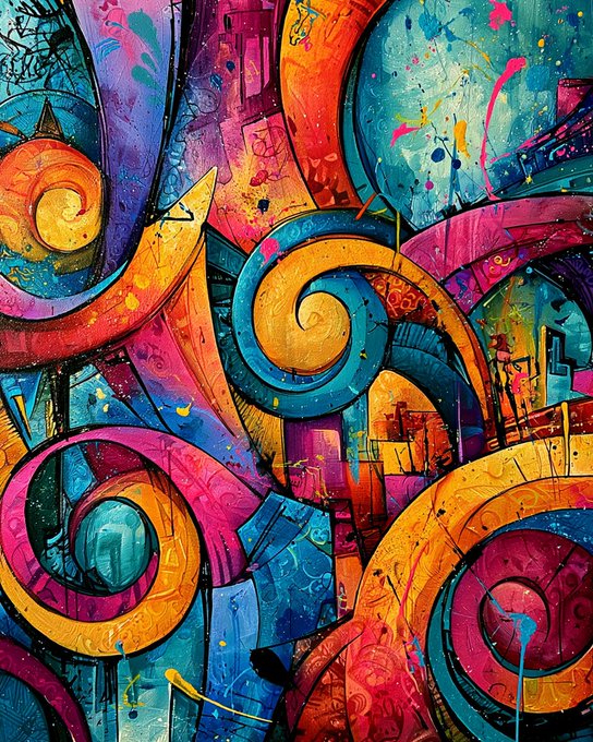 A vibrant, abstract graffiti-style artwork featuring colorful swirling shapes, drips of paint, and urban textures in shades of pink, orange, blue, and yellow.