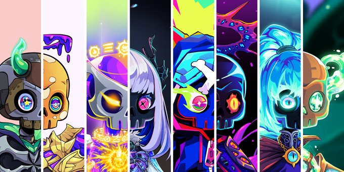 A colorful horizontal digital artwork depicts a lineup of stylized, skeleton-like NFT characters with neon armor, glowing eyes, horns, crystals, and cybernetic details. It visually supports the post’s message that the creators remained active during a difficult, quieter period in NFTs and continue championing their distinctive Web3 art.