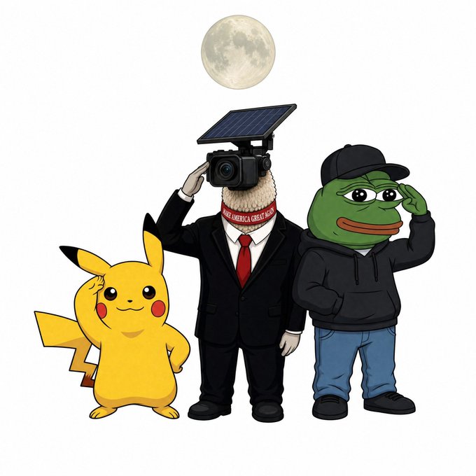 An illustration features Pikachu saluting, a figure in a suit with a camera for a head wearing a 'MAKE AMERICA GREAT AGAIN' hat, and Pepe the Frog in a hoodie, all standing together under a full moon.