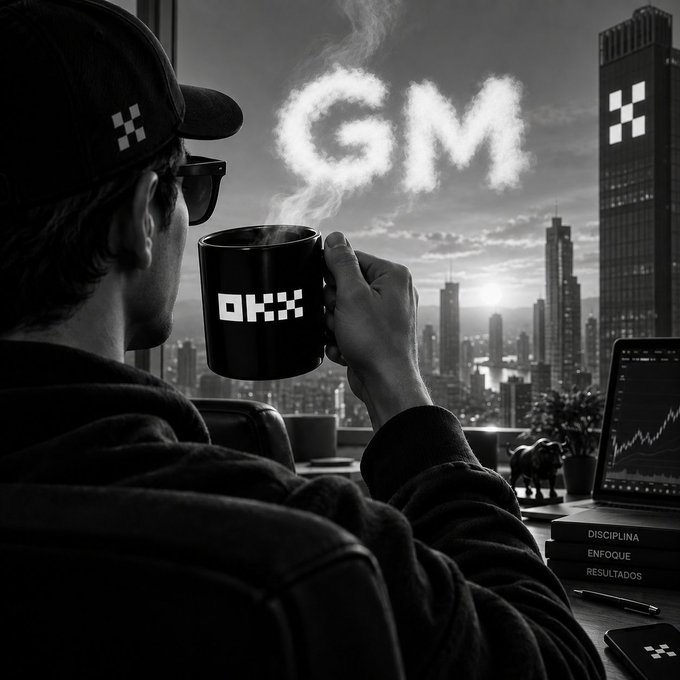Black and white image of a person wearing a cap and sunglasses, holding a black OKX mug with steam forming the letters 'GM', set against a city skyline backdrop with a laptop showing a chart and books labeled 'DISCIPLINA', 'ENFOQUE', 'RESULTADOS'.