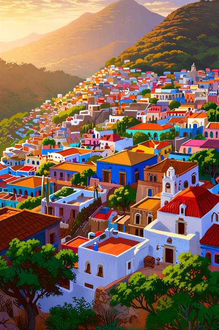 A vibrant, sun-drenched hillside town with colorful houses nestled against lush green mountains, illustrating a peaceful new day that aligns with the message of steady, imperfect progress through small, consistent steps.