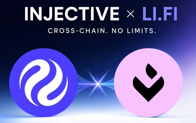 Promotional graphic for Injective and LI.FI partnership with the tagline 'CROSS-CHAIN. NO LIMITS.' showing both logos connected by a glowing light burst.