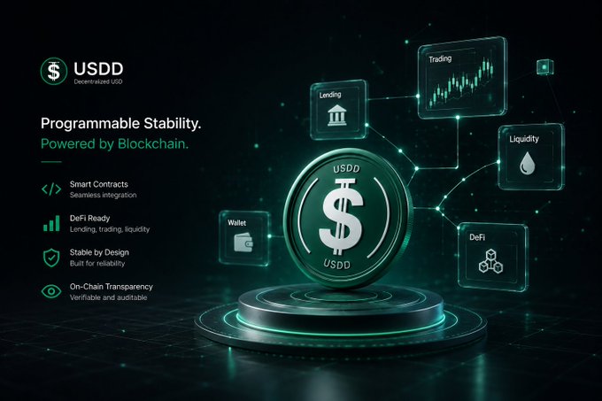 A promotional graphic for USDD (Decentralized USD) highlighting 'Programmable Stability. Powered by Blockchain' with icons for Smart Contracts, DeFi, Wallet, Trading, Lending, Liquidity, and DeFi.