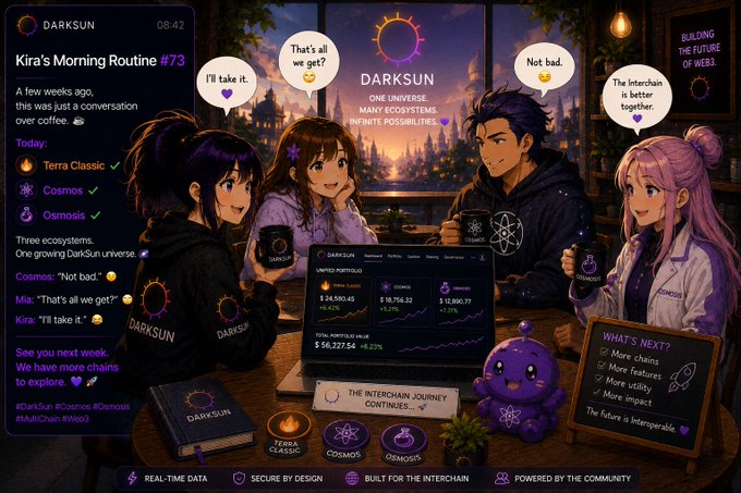 An anime-style promotional graphic titled "DARKSUN: One Universe, Many Ecosystems, Infinite Possibilities" featuring four characters chatting over coffee, with a scene labeled "Kira's Morning Routine #73" and a trading chart showing Terra Classic, Cosmos, and Osmosis prices.