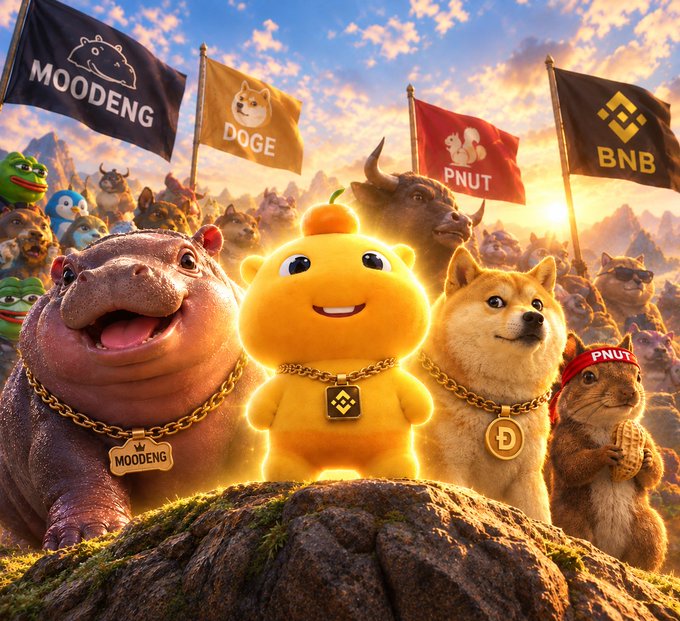 AI-generated image featuring various meme cryptocurrency mascots including Moodeng, Doge, PNUT, and BNB characters standing on a rocky hill with corresponding flags.