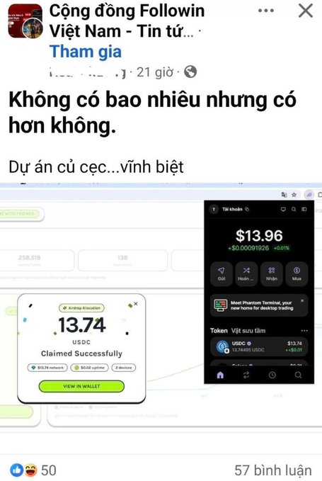 A Facebook post screenshot from 'Cộng đồng Followin Việt Nam' showing Vietnamese text 'Không có bao nhiêu nhưng có hơn không' and 'Dự án củ cặc...Vĩnh biệt', alongside images of cryptocurrency dashboards showing USDC airdrop rewards of $13.74 and $13.96.