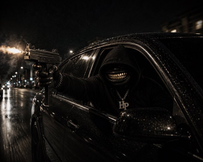 The same gold-toothed character in a black hoodie leaning out of a car window at night, firing a submachine gun with muzzle flash.