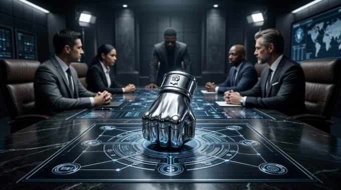 An AI-generated image depicting a futuristic meeting room with several people seated around a dark table, centered around a large metallic robotic fist hovering above a glowing digital interface.
