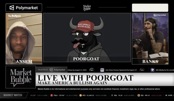 A livestream titled "LIVE WITH POORGOAT — MAKE AMERICA BULLISH AGAIN" shows cartoon bull mascot "POORGOAT" wearing a MAGA-style hat, flanked by hosts labeled "ANSEM" and "BANKS," with a Market Watch ticker displaying TSLA, BTC, SOL, and ZEC prices.