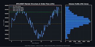 A financial chart titled 'BTC:UBOT Market Structure & Order Flow (24h)' showing a price chart on the left and a volume profile histogram on the right.
