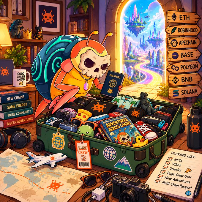 A colorful cartoon illustration of a bug character packing a suitcase for travel, surrounded by crypto logos (ETH, ROBINHOOD, APECHAIN, BASE, POLYGON, BNB, SOLANA) and a packing list.