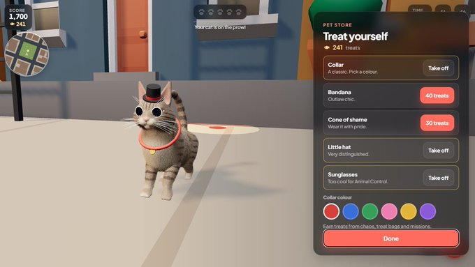 A video game screenshot shows a cat wearing a top hat in a 'Pet Store' menu offering customization options like Collar, Bandana, Cone of shame, Little hat, and Sunglasses.