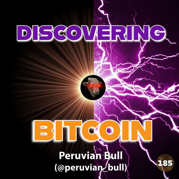 A graphic titled 'DISCOVERING BITCOIN' by 'Peruvian Bull (@peruvian_bull)' featuring a bull's head with glowing red eyes at the center, with purple lightning bolts on the right side.
